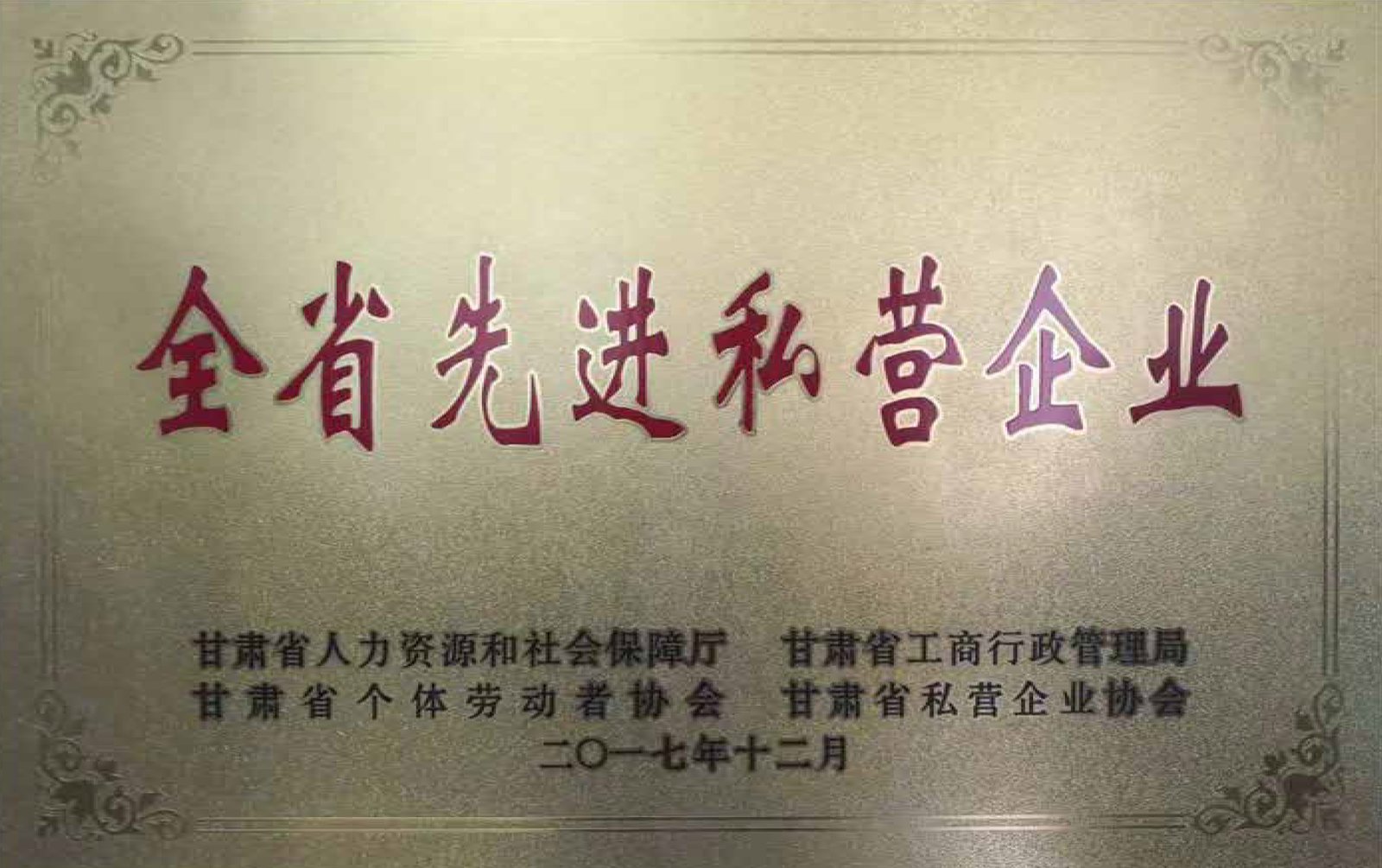 甘肃省先进私营企业证书
